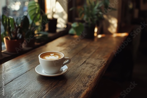 Warm coffee cup resting on wooden table in cozy cafe during morning hours