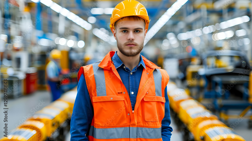Dedicated factory worker in protective gear, overseeing efficient automotive production line within a modern industrial facility Dedicated factory worker in protective gear, overseeing efficient automotive production line within a modern industrial facility
