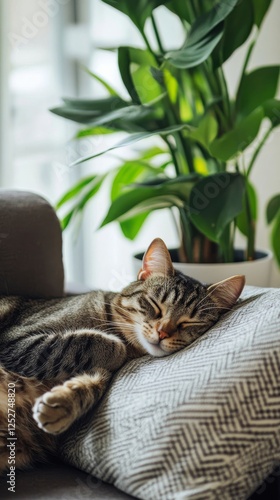 Cat resting peacefully on sofa beside lush green plants in cozy indoor setting