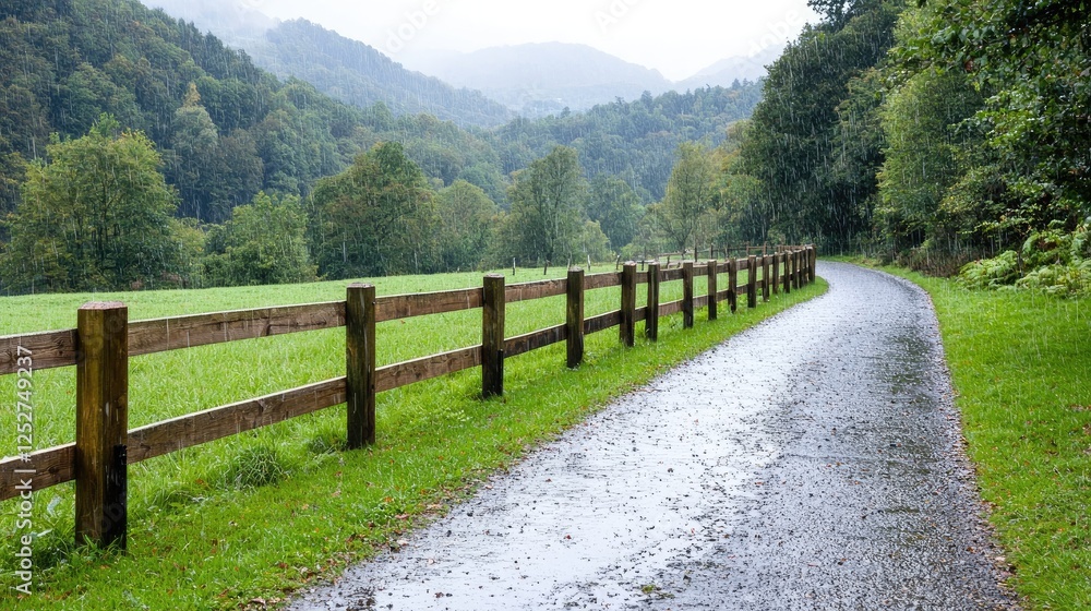 Rainy path beside a wooden fence in a green valley Rainy path beside a wooden fence in a green valley