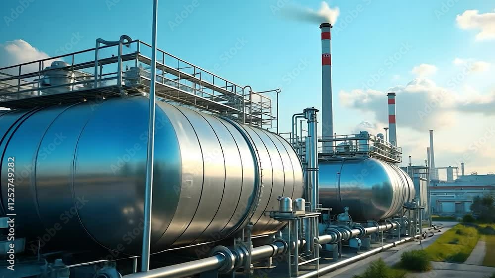 Large Industrial Storage Tanks and Chimneys at a Refinery Plant under a Blue Sky Large Industrial Storage Tanks and Chimneys at a Refinery Plant under a Blue Sky