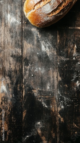 Freshly baked bread laid on a rustic wooden table with a linen cloth in a coz...