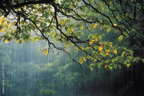 Rainfall on lush green leaves near a serene waterfall in a tranquil forest se...