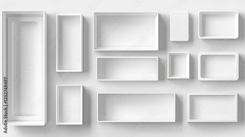 3D mockup of open white boxes top view. Square and rectangle cardboard packages showcasing lids and empty interiors for presentations, container designs, or product displays. Realistic vector set. 3D mockup of open white boxes top view. Square and rectangle cardboard packages showcasing lids and empty interiors for presentations, container designs, or product displays. Realistic vector set.