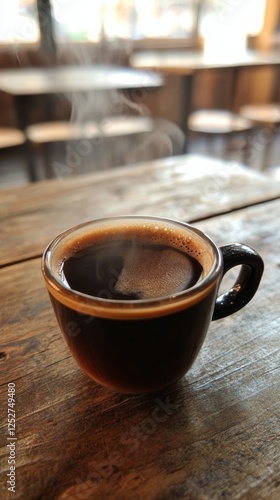 Steam rises from a freshly brewed cup of coffee on a wooden table in a cozy caf