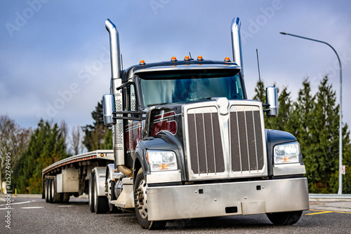 Powerful black and burgundy low cab profile big rig semi truck tractor with empty flat bed semi trailer running on the round road intersection photo