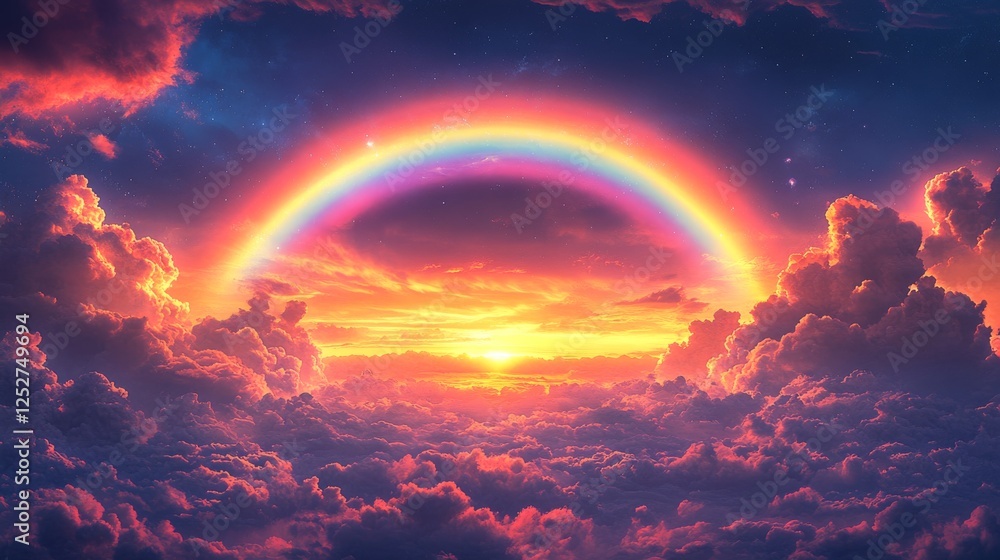 Vibrant Rainbow Arches Over a Dreamlike Cloudscape at Sunset, Immersive Skies with celestial glow Vibrant Rainbow Arches Over a Dreamlike Cloudscape at Sunset, Immersive Skies with celestial glow