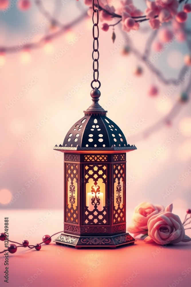 Obraz premium Glowing Ramadan Lantern with Pink Roses and Lights