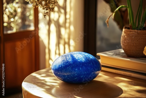 Decorative blue vase placed on a wooden table with autumn leaves in a cozy in...