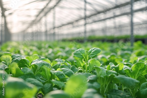 Fresh cilantro growing in a greenhouse under bright sunlight