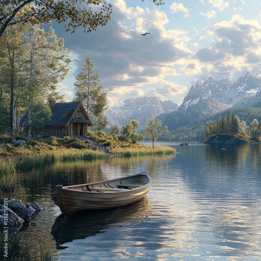 A quiet lakeside retreat with a small boat floating gently on the water A quiet lakeside retreat with a small boat floating gently on the water
