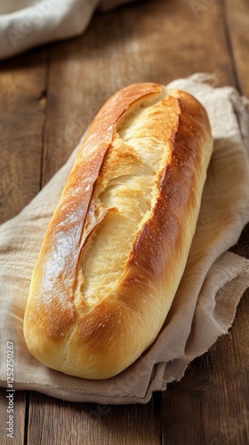 Freshly baked bread laid on a rustic wooden table with a linen cloth in a coz...