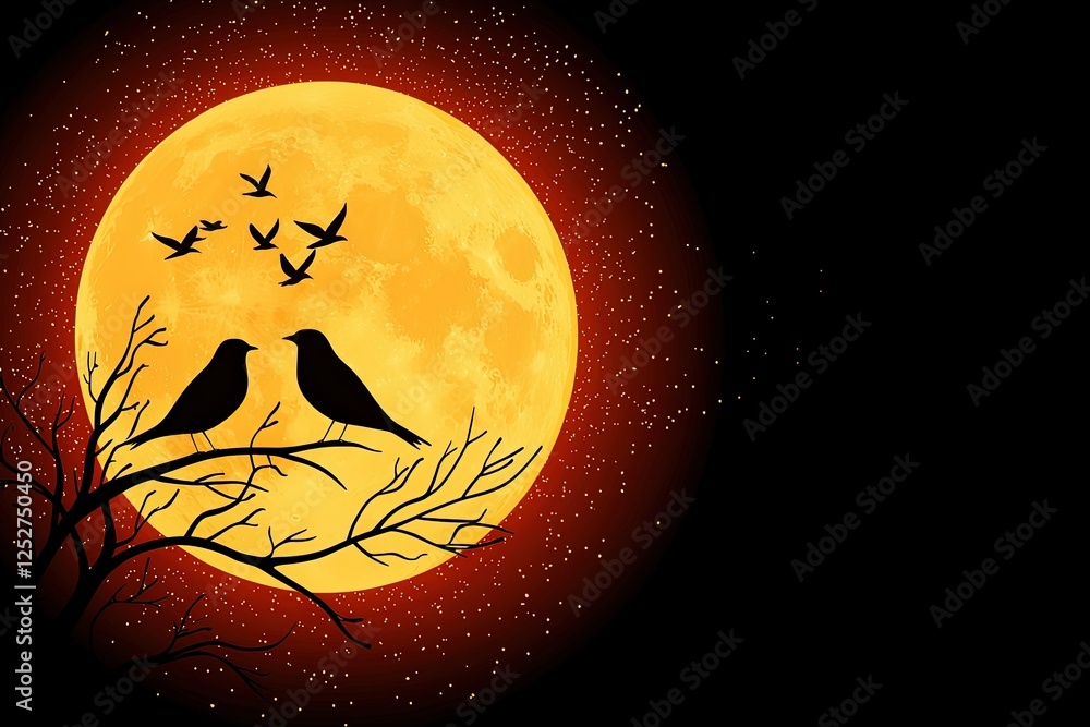 Fototapeta premium World Migratory Bird Day, Illustrated Birds Silhouetted Against Full Moon in Starry Night Sky