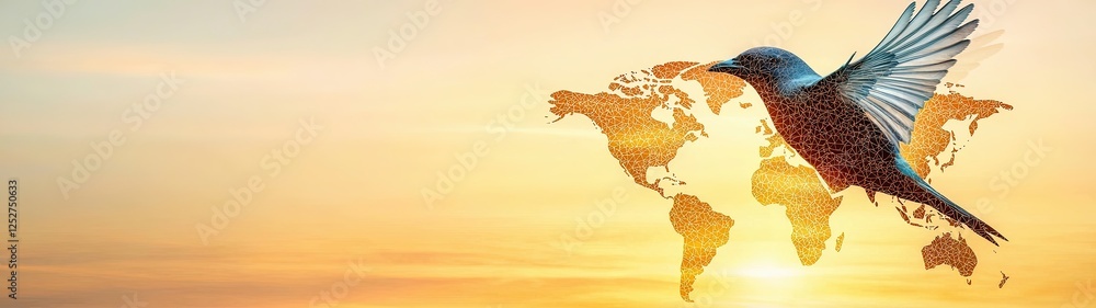 Naklejka premium World Migratory Bird Day, Elegant Migratory Bird in Flight Against World Map at Sunset