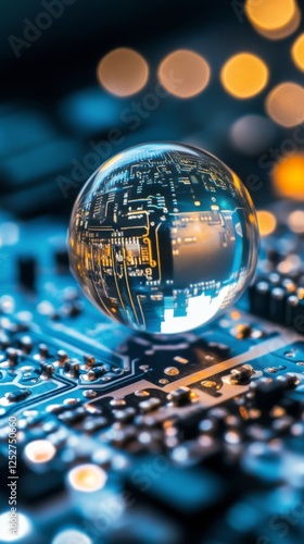 Close-up of a glass orb resting on a circuit board with illuminated connectio...