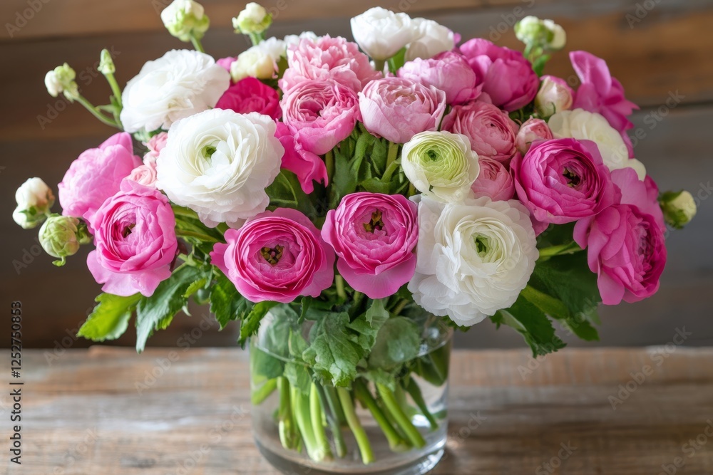 Obraz premium Bright flower arrangement in vase showcasing various blooms and colors in a sunny indoor setting