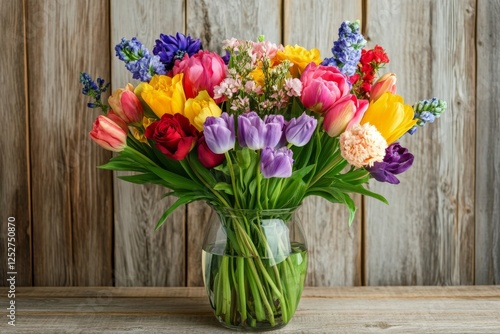 Bright flower arrangement in vase showcasing various blooms and colors in a s...