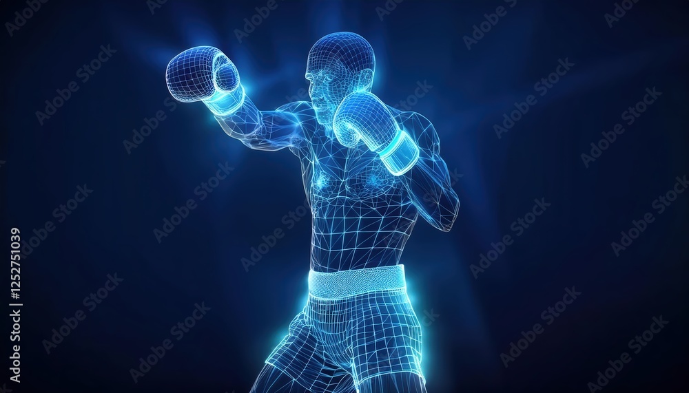 Boxer in wireframe design showcases movement and form on a blue background emphasizing dynamic action and athleticism Boxer in wireframe design showcases movement and form on a blue background emphasizing dynamic action and athleticism