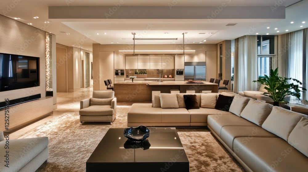 Spacious modern living room with a luxurious open kitchen, neutral tones, sleek furniture, and an empty wall for design flexibility. Spacious modern living room with a luxurious open kitchen, neutral tones, sleek furniture, and an empty wall for design flexibility.