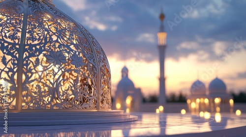 Intricate lantern at sunset mosque photo