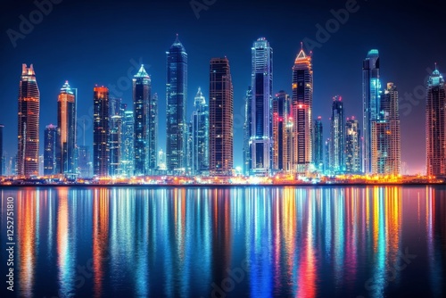 City skyline illuminated at night with reflections on the water in a vibrant ...