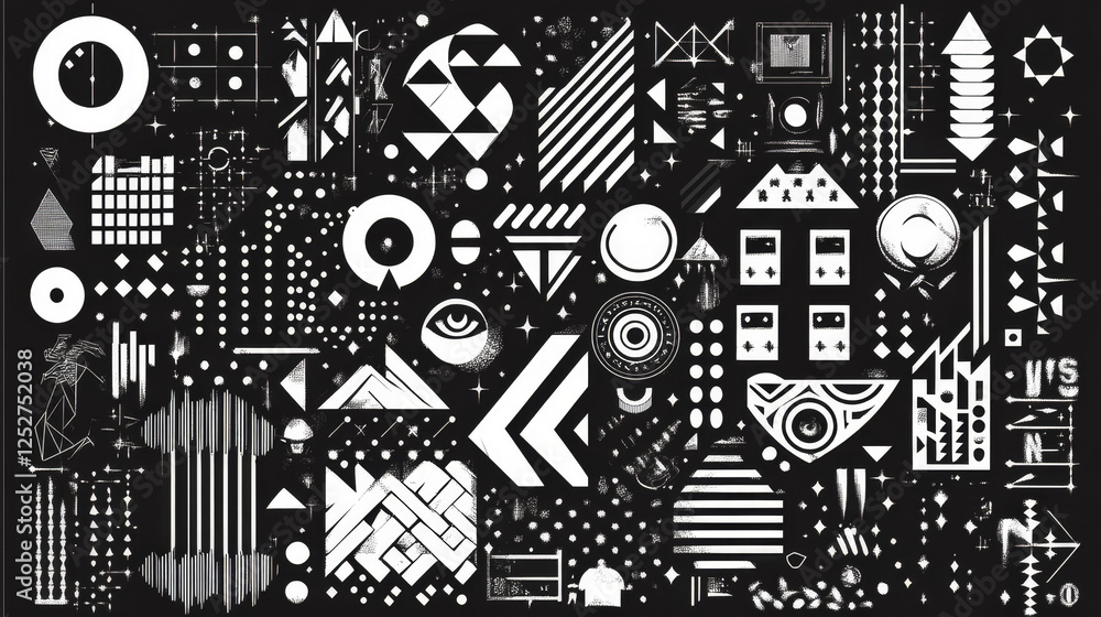 Y2k monochrome abstract shape. Vector illustration set of black geometric forms and symbols. Retro futuristic elements for 2000s and brutalist style design. Simple streetwear psychedelic figures. Y2k monochrome abstract shape. Vector illustration set of black geometric forms and symbols. Retro futuristic elements for 2000s and brutalist style design. Simple streetwear psychedelic figures.