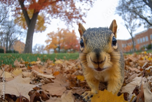 Squirrel exploring autumn leaves in a tranquil forest setting during daylight...