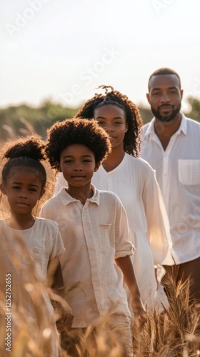 Family enjoying a sunny day in a grassy field surrounded by trees at sunset