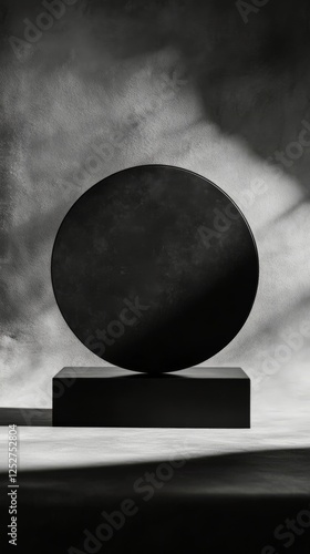 Minimalist black sculpture on a pedestal with dramatic shadows in an artistic...