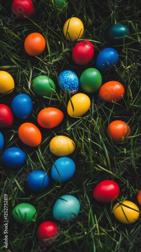Colorful Easter eggs hidden among green grass in a vibrant outdoor setting du...