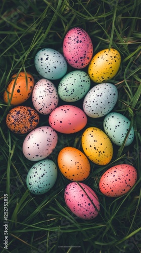 Colorful Easter eggs hidden among green grass in a vibrant outdoor setting du...