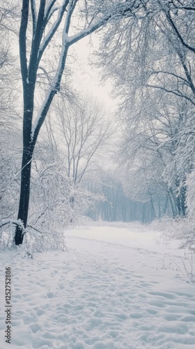 Snow-covered path through a tranquil winter forest during a snowstorm