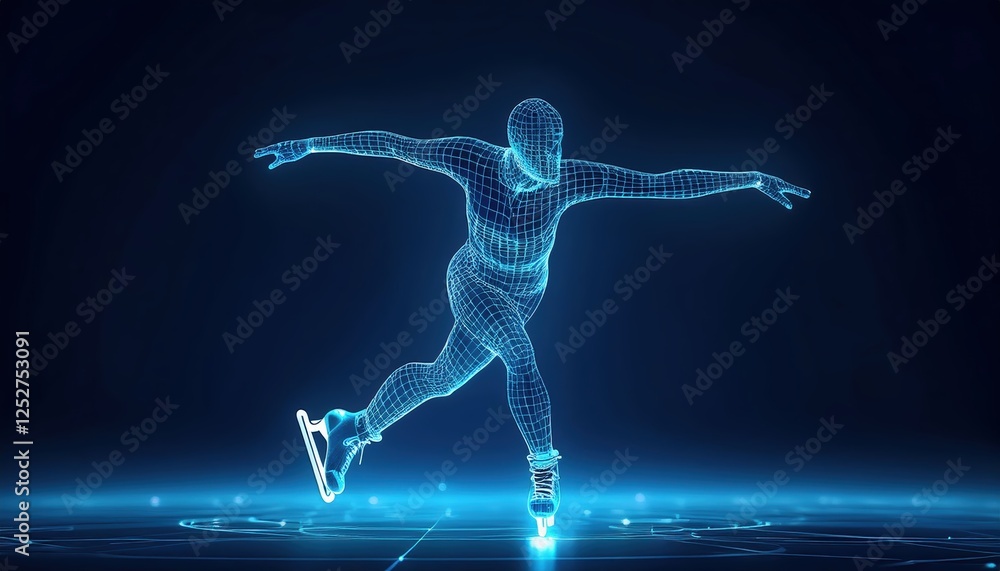 Fototapeta premium Wireframe figure skater showcasing athletic precision on a blue background during an artistic sports presentation