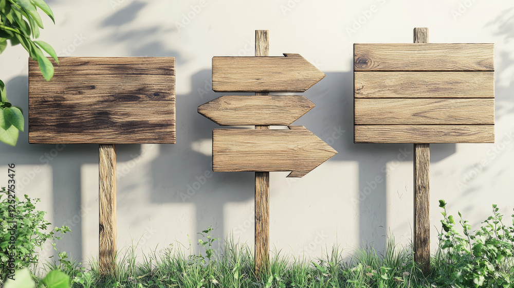 Naklejka premium Wooden signboard 3d vector set - various boards and arrows with wood texture. Realistic illustration of blank panels and banners. Text boxes or street direction billboard on pole with grass.