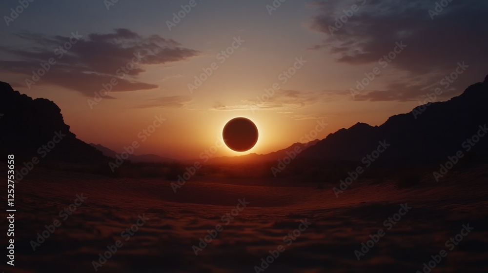 Desert Eclipse: A breathtaking sunset over Wadi Rum, Jordan, with a total solar eclipse casting an eerie glow on the landscape. Desert Eclipse: A breathtaking sunset over Wadi Rum, Jordan, with a total solar eclipse casting an eerie glow on the landscape.