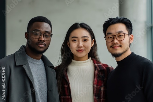 Three friends smiling together in a modern indoor setting during daytime