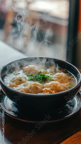 Warm dumpling soup served in a black bowl with steam rising against a blurred...