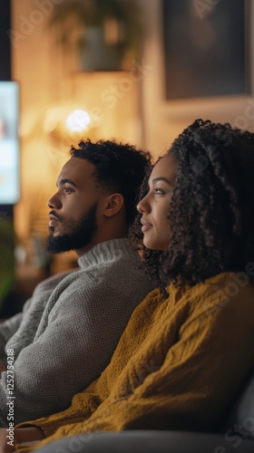 Couple enjoying time together in a cozy living room during evening hours