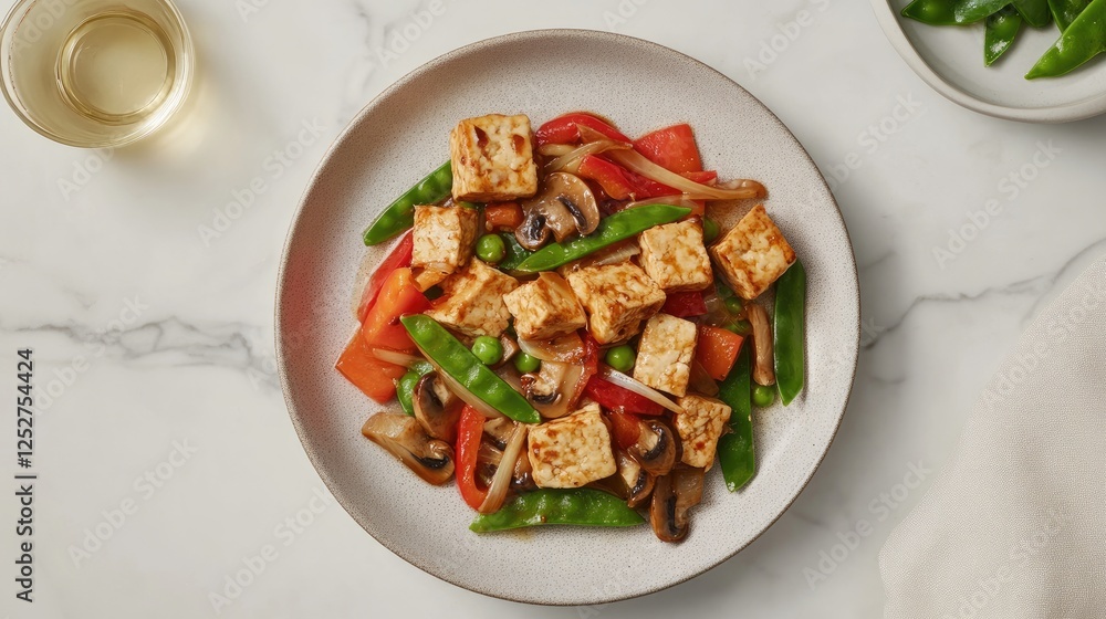 A plate of mixed vegetable stir-fry with tofu, bell peppers, mushrooms, and snap peas in a savory sauce A plate of mixed vegetable stir-fry with tofu, bell peppers, mushrooms, and snap peas in a savory sauce