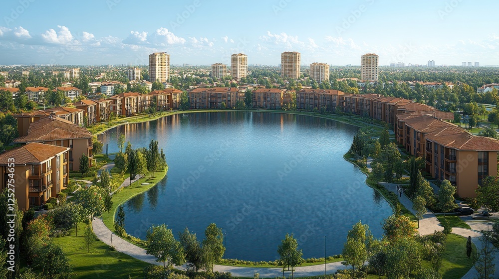 Obraz premium Lakeside apartment complex, suburban cityscape, aerial view, real estate