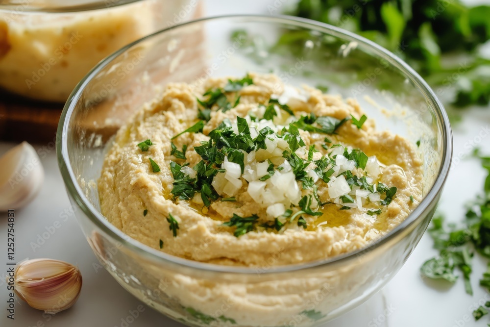 Creamy hummus served in a rustic bowl garnished with fresh herbs and spices Creamy hummus served in a rustic bowl garnished with fresh herbs and spices