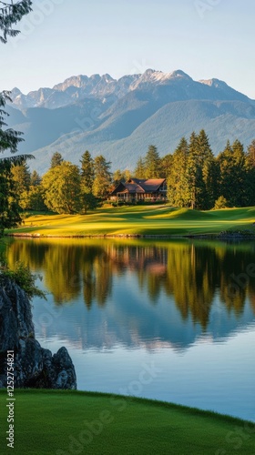 Scenic golf course with mountains and clear water under blue sky in the morning