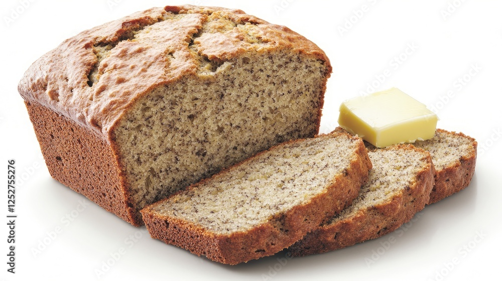 A rustic loaf of banana bread with a golden crust, sliced and served with butter A rustic loaf of banana bread with a golden crust, sliced and served with butter