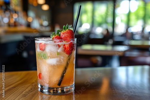 Refreshing strawberry cocktail served in a glass at a modern bar during daytime