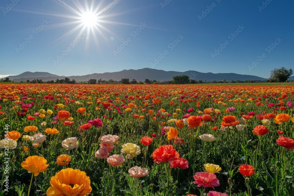 Vibrant wildflower field under clear blue sky with bright sun in a mountainous area Vibrant wildflower field under clear blue sky with bright sun in a mountainous area
