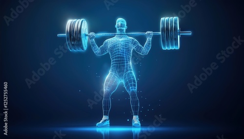 Visualization of a powerlifter lifting weights with a blue wireframe design set against a blue background representing strength and fitness
