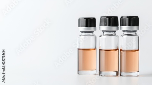 Three amber liquid vials on white background, lab research