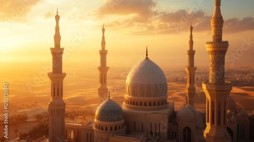 Sunset view of a mosque in desert, city skyline background