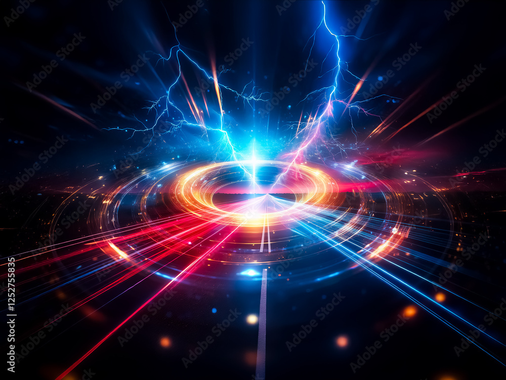 Dynamic burst of vibrant light and blue lightning on dark. Circular rings and rays create energetic, abstract, futuristic scene. Dynamic burst of vibrant light and blue lightning on dark. Circular rings and rays create energetic, abstract, futuristic scene.