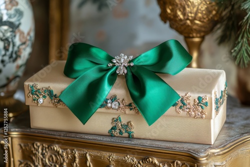 Elegant gold clutch with teal bow accent displayed in a luxury boutique